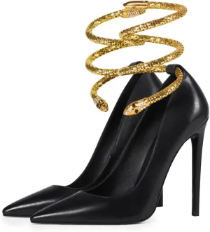 FSJ Women's Sexy High Heels Pointed Toe Stilletos Pumps with Gold Metal Snake Spiral Around The Ankle Heeled Dress Party Pumps Shoes Size 4-15 US