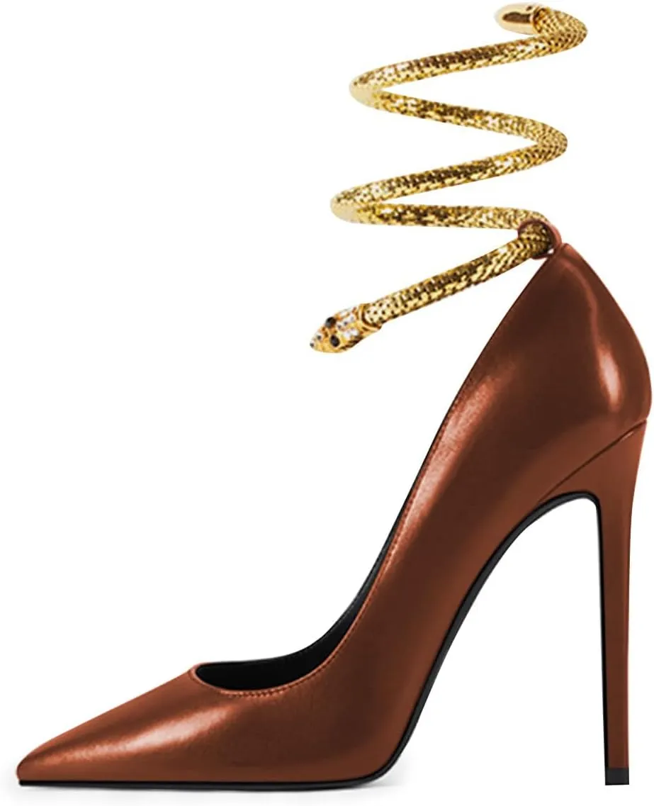 FSJ Women's Sexy High Heels Pointed Toe Stilletos Pumps with Gold Metal Snake Spiral Around The Ankle Heeled Dress Party Pumps Shoes Size 4-15 US