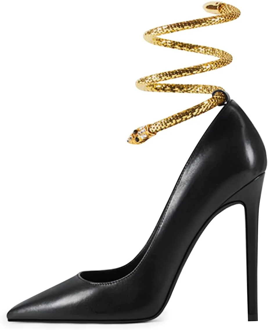 FSJ Women's Sexy High Heels Pointed Toe Stilletos Pumps with Gold Metal Snake Spiral Around The Ankle Heeled Dress Party Pumps Shoes Size 4-15 US
