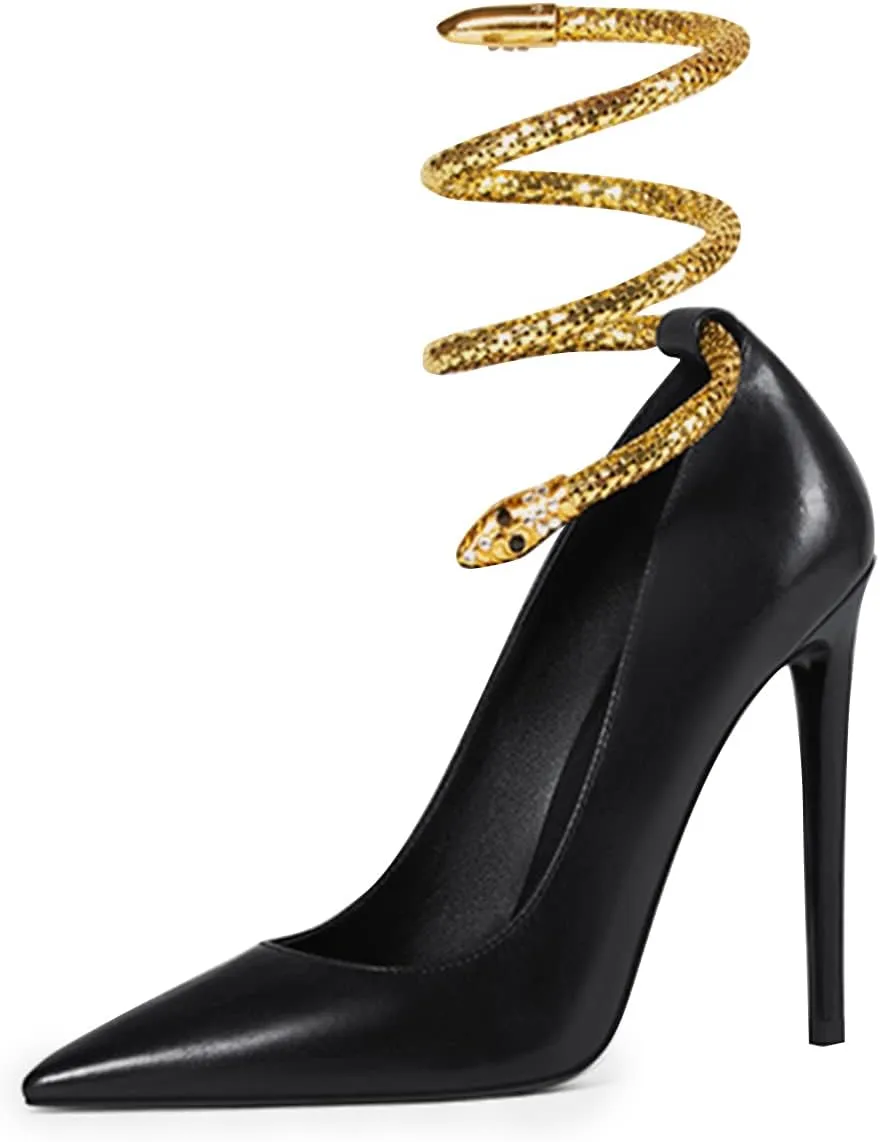 FSJ Women's Sexy High Heels Pointed Toe Stilletos Pumps with Gold Metal Snake Spiral Around The Ankle Heeled Dress Party Pumps Shoes Size 4-15 US
