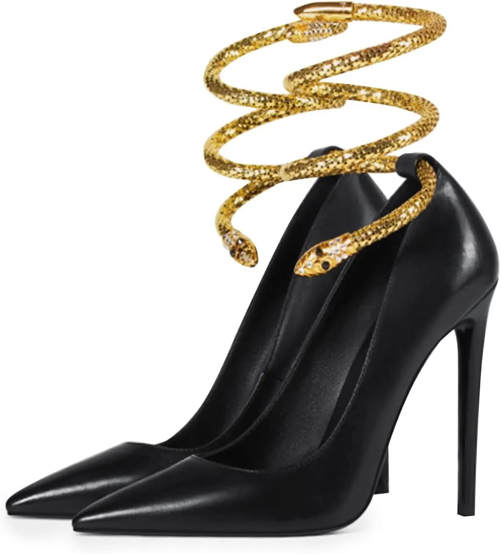 FSJ Women's Sexy High Heels Pointed Toe Stilletos Pumps with Gold Metal Snake Spiral Around The Ankle Heeled Dress Party Pumps Shoes Size 4-15 US