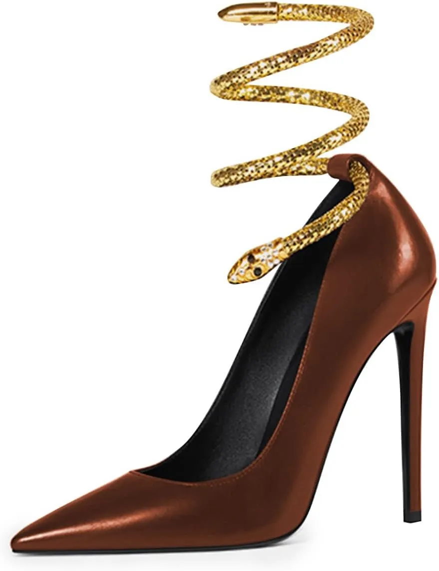 FSJ Women's Sexy High Heels Pointed Toe Stilletos Pumps with Gold Metal Snake Spiral Around The Ankle Heeled Dress Party Pumps Shoes Size 4-15 US