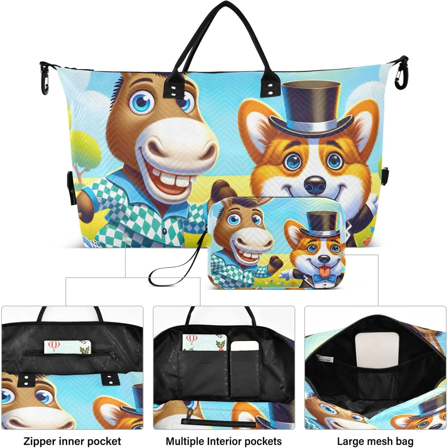 Funny Cartoon Donkey Corgi Duffel Bags Travel Toiletry Bags Set of 2, Print Women Gym Bags Tote Carry on Tote