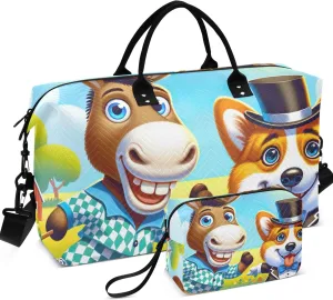 Funny Cartoon Donkey Corgi Duffel Bags Travel Toiletry Bags Set of 2, Print Women Gym Bags Tote Carry on Tote