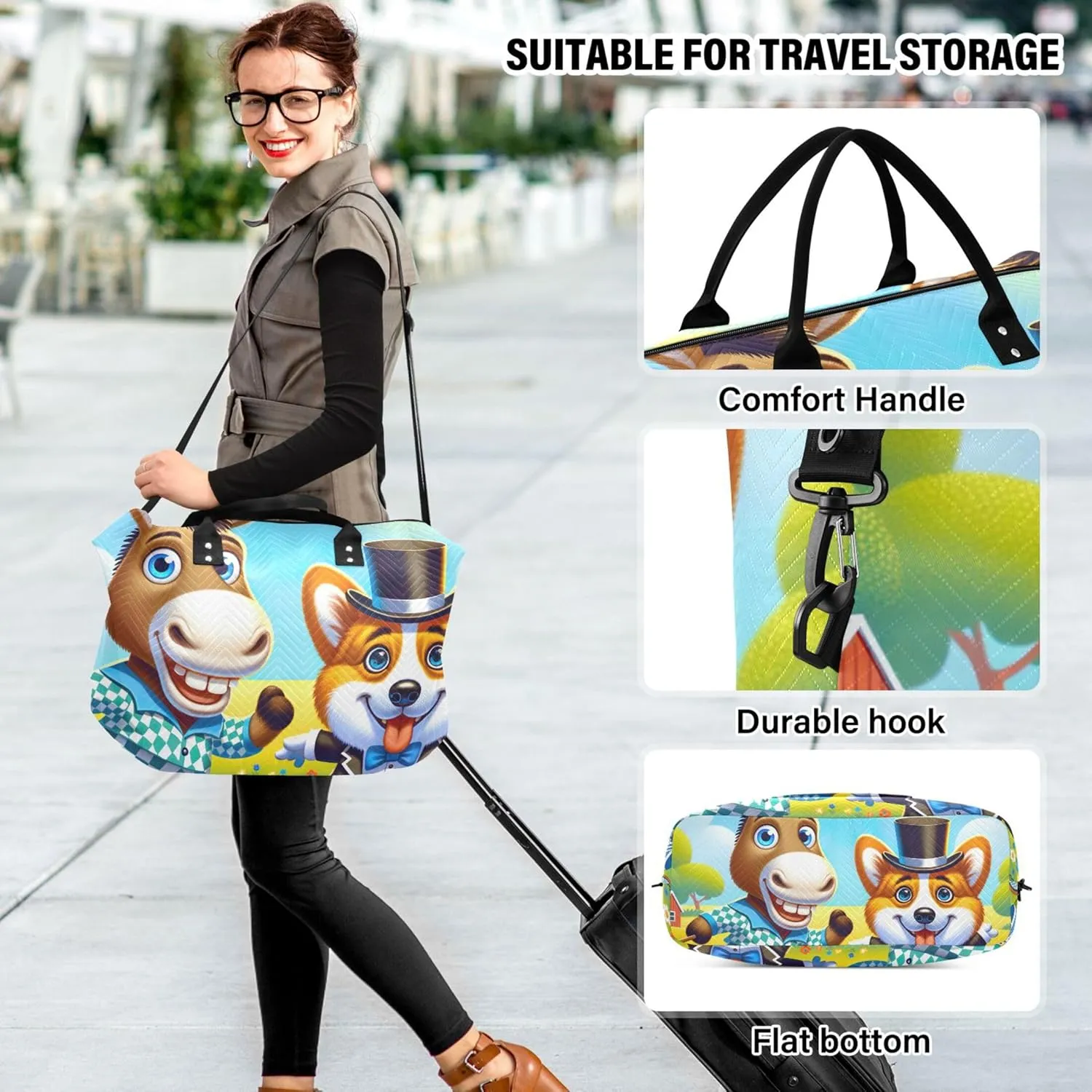 Funny Cartoon Donkey Corgi Duffel Bags Travel Toiletry Bags Set of 2, Print Women Gym Bags Tote Carry on Tote