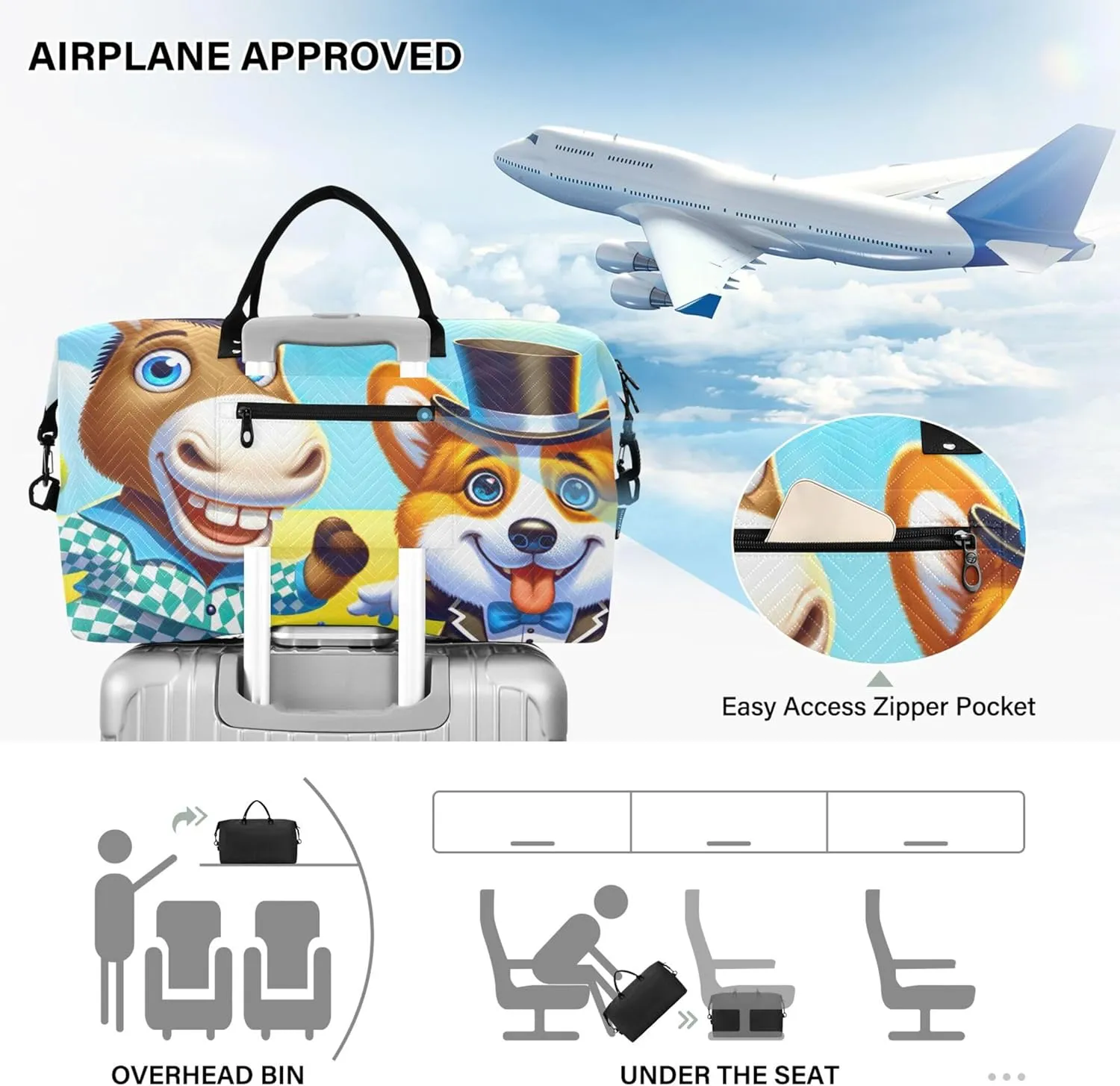 Funny Cartoon Donkey Corgi Duffel Bags Travel Toiletry Bags Set of 2, Print Women Gym Bags Tote Carry on Tote