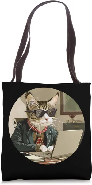 Funny employee Cat with Tie in bureau Tote Bag