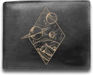 Genuine Cowhide Leather Laser Engraved Engraving Slimfold Men Large Capacity Luxury Wallet Purse Minimal Sleek & Slim Black Card Holder Organizer 14 Pocket
