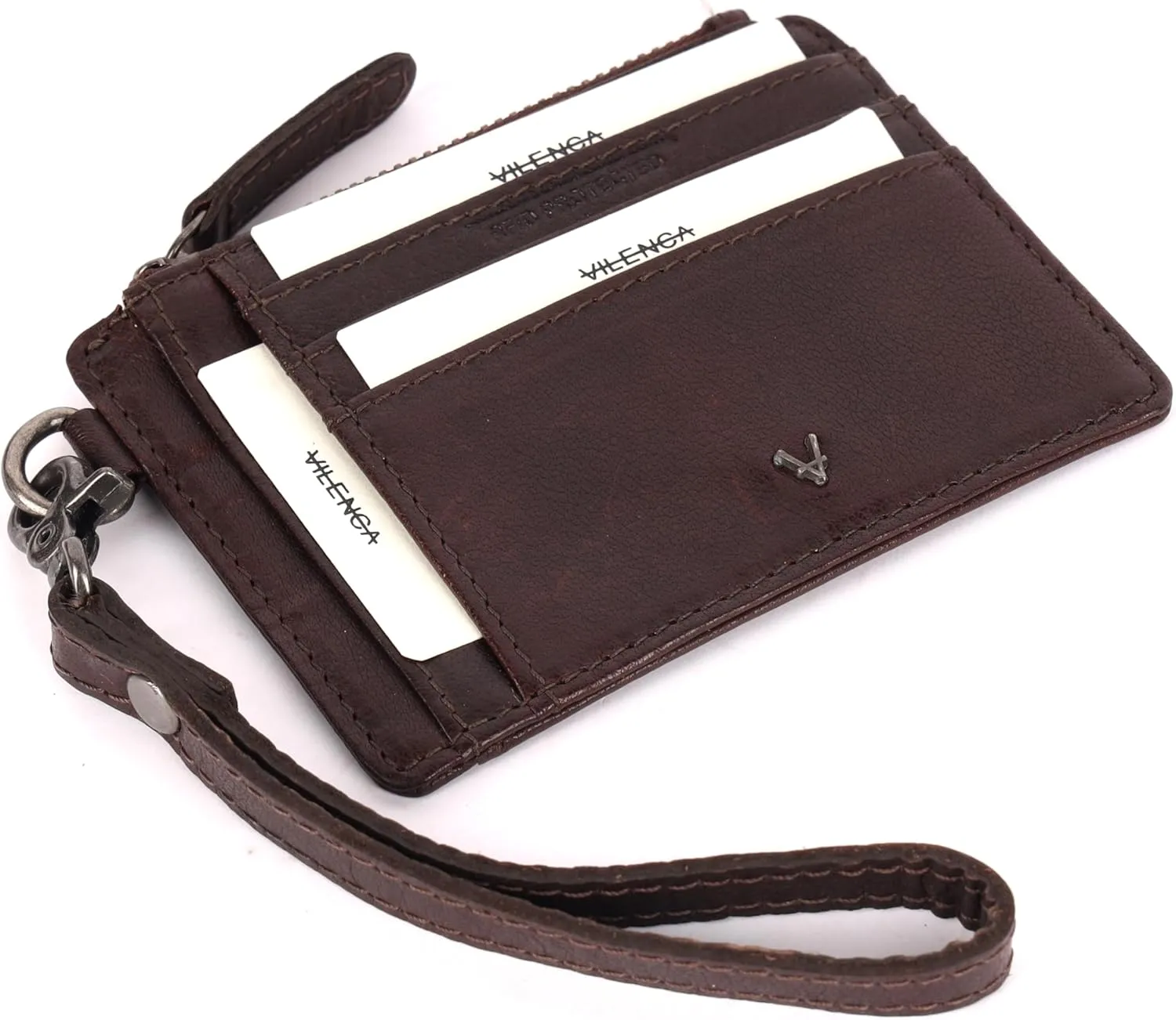 Genuine Italian Leather Card Holder Wallet for Women- Sleek & Minimalist, RFID Protected, ID Window, Side zipper pocket with detachable Wristlet (Chestnut)