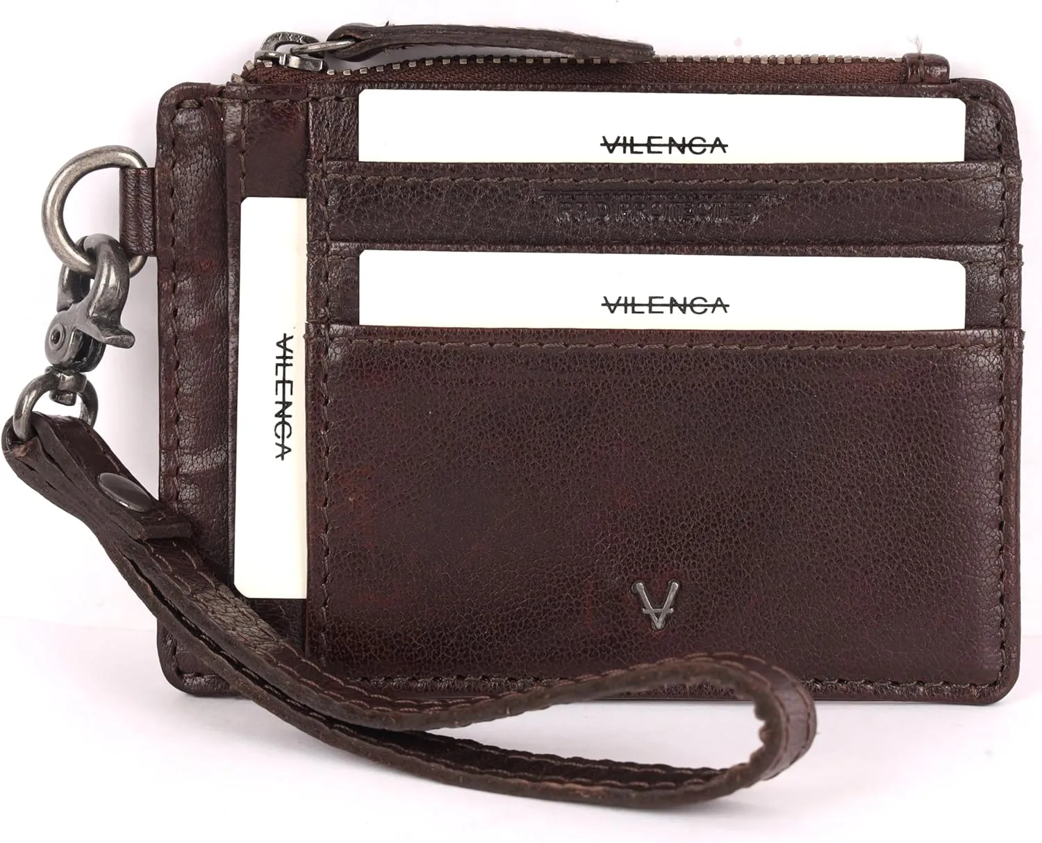 Genuine Italian Leather Card Holder Wallet for Women- Sleek & Minimalist, RFID Protected, ID Window, Side zipper pocket with detachable Wristlet (Chestnut)