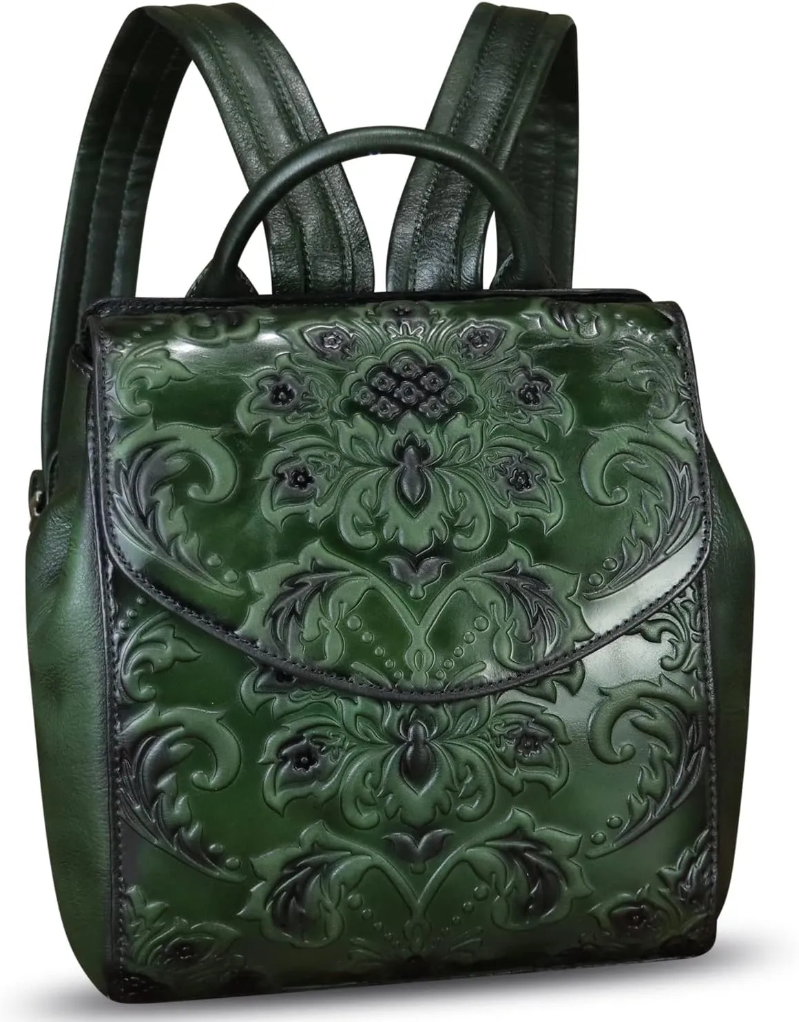 Genuine Leather Backpack for Women Purse Retro Embossed Leather Handmade Knapsack Back Bag Casual Daypack (Green)