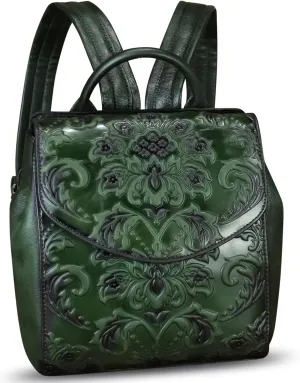 Genuine Leather Backpack for Women Purse Retro Embossed Leather Handmade Knapsack Back Bag Casual Daypack (Green)
