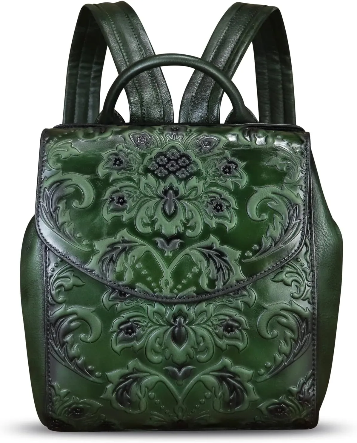 Genuine Leather Backpack for Women Purse Retro Embossed Leather Handmade Knapsack Back Bag Casual Daypack (Green)