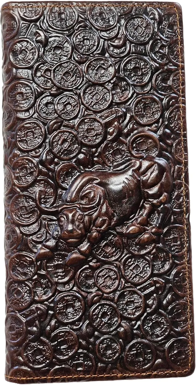 Genuine Leather Bifold Long Wallet for Men, Retro Vintage Embossed Clutch with Zipped Coin purse & Credit card Slots. RFID Blocking. Bull- Coffee