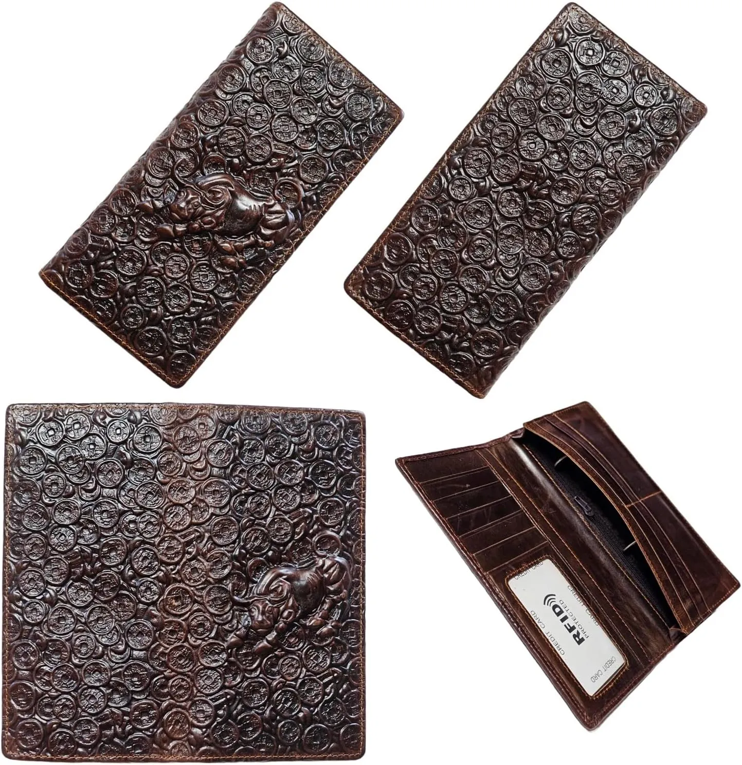 Genuine Leather Bifold Long Wallet for Men, Retro Vintage Embossed Clutch with Zipped Coin purse & Credit card Slots. RFID Blocking. Bull- Coffee