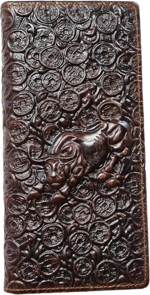 Genuine Leather Bifold Long Wallet for Men, Retro Vintage Embossed Clutch with Zipped Coin purse & Credit card Slots. RFID Blocking. Bull- Coffee