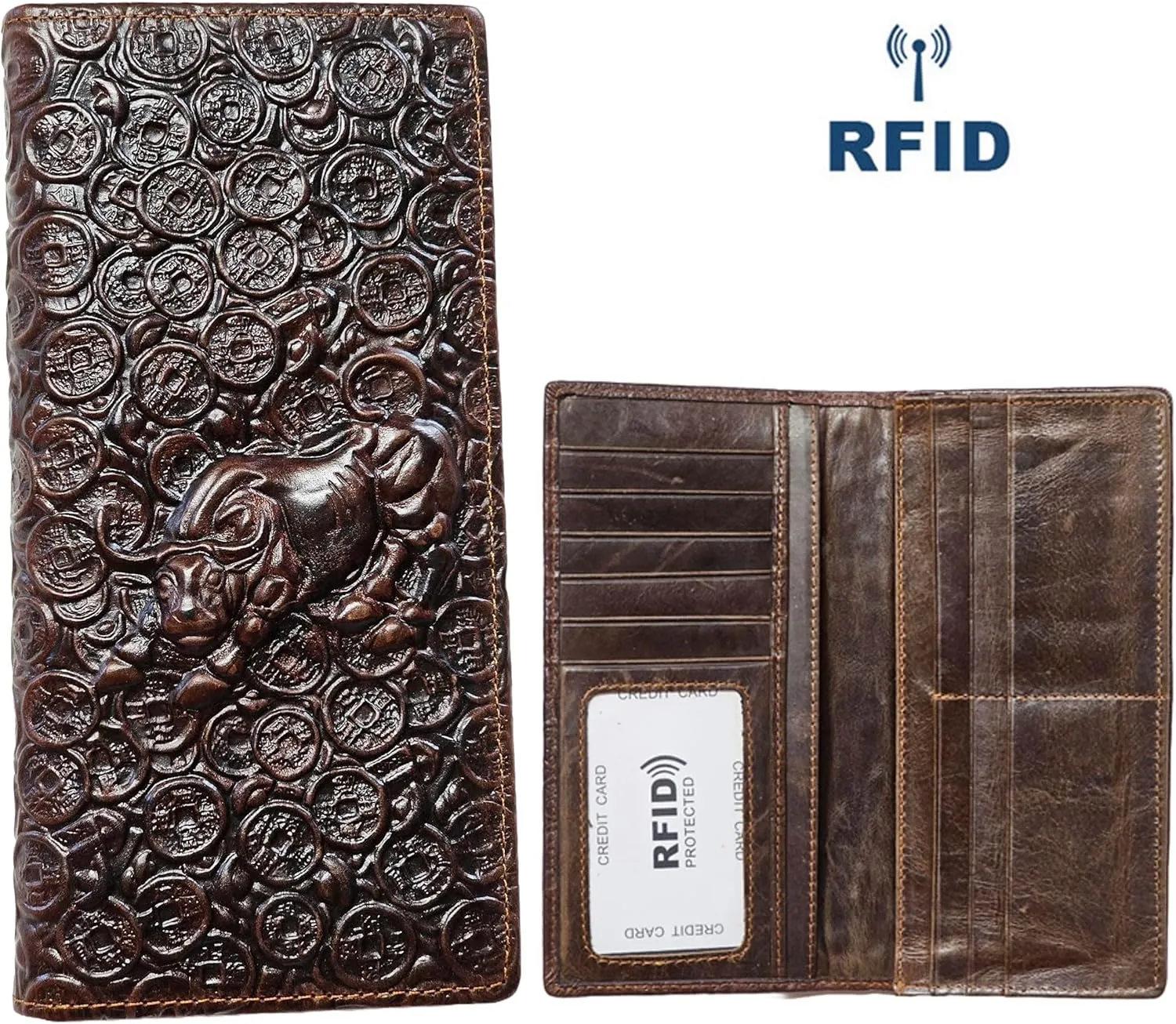 Genuine Leather Bifold Long Wallet for Men, Retro Vintage Embossed Clutch with Zipped Coin purse & Credit card Slots. RFID Blocking. Bull- Coffee