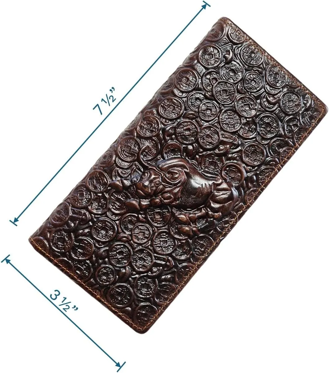 Genuine Leather Bifold Long Wallet for Men, Retro Vintage Embossed Clutch with Zipped Coin purse & Credit card Slots. RFID Blocking. Bull- Coffee