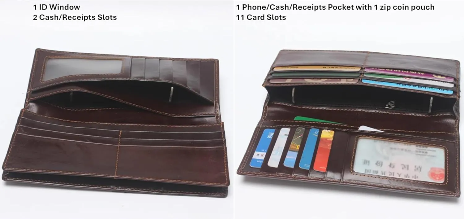 Genuine Leather Bifold Long Wallet for Men, Retro Vintage Embossed Clutch with Zipped Coin purse & Credit card Slots. RFID Blocking. Bull- Coffee