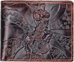 Genuine Real Leather Short Bifold Wallet for Men, RFID Blocking 3D Animal Print Retro Vintage Embossed Clutch Purse. Horizontal Goat Coffee