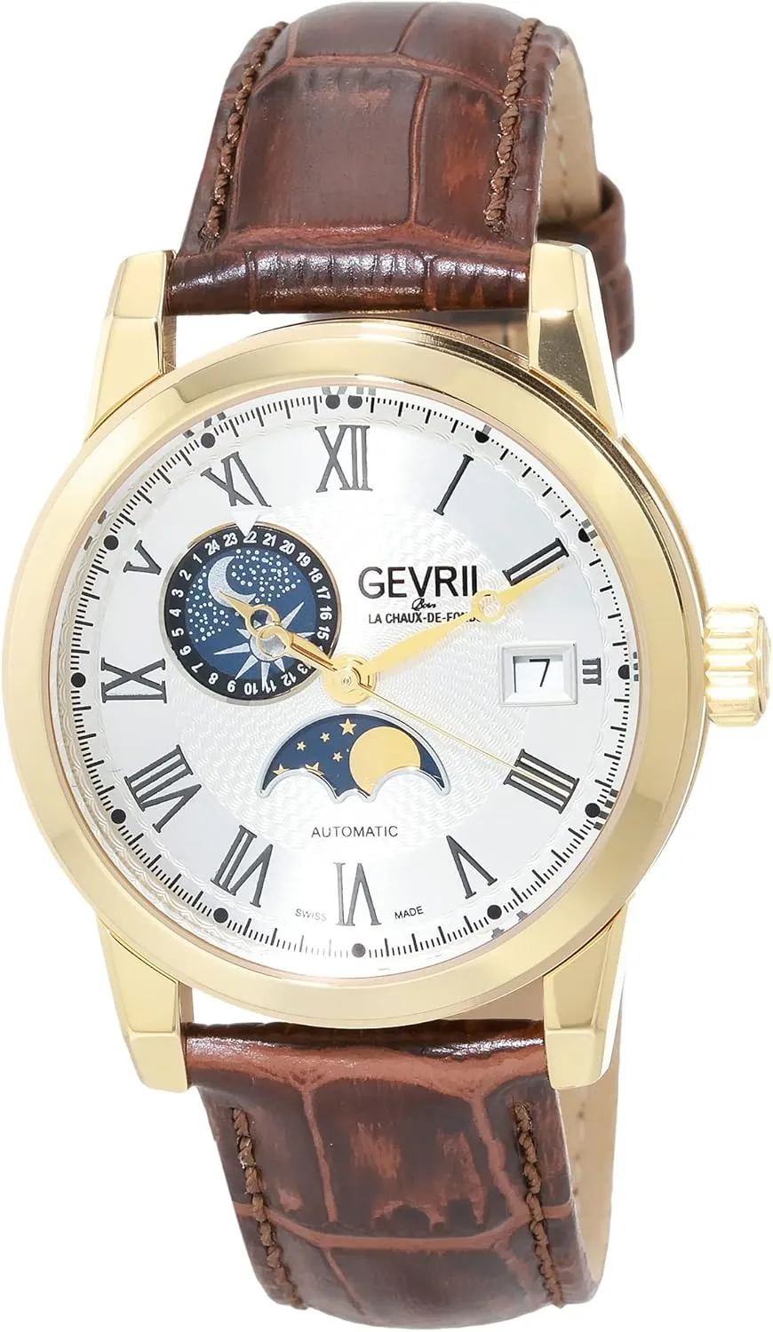 Gevril Men's Madison Swiss Automatic Date and Moon Phase Watch, Genuine Leather Strap