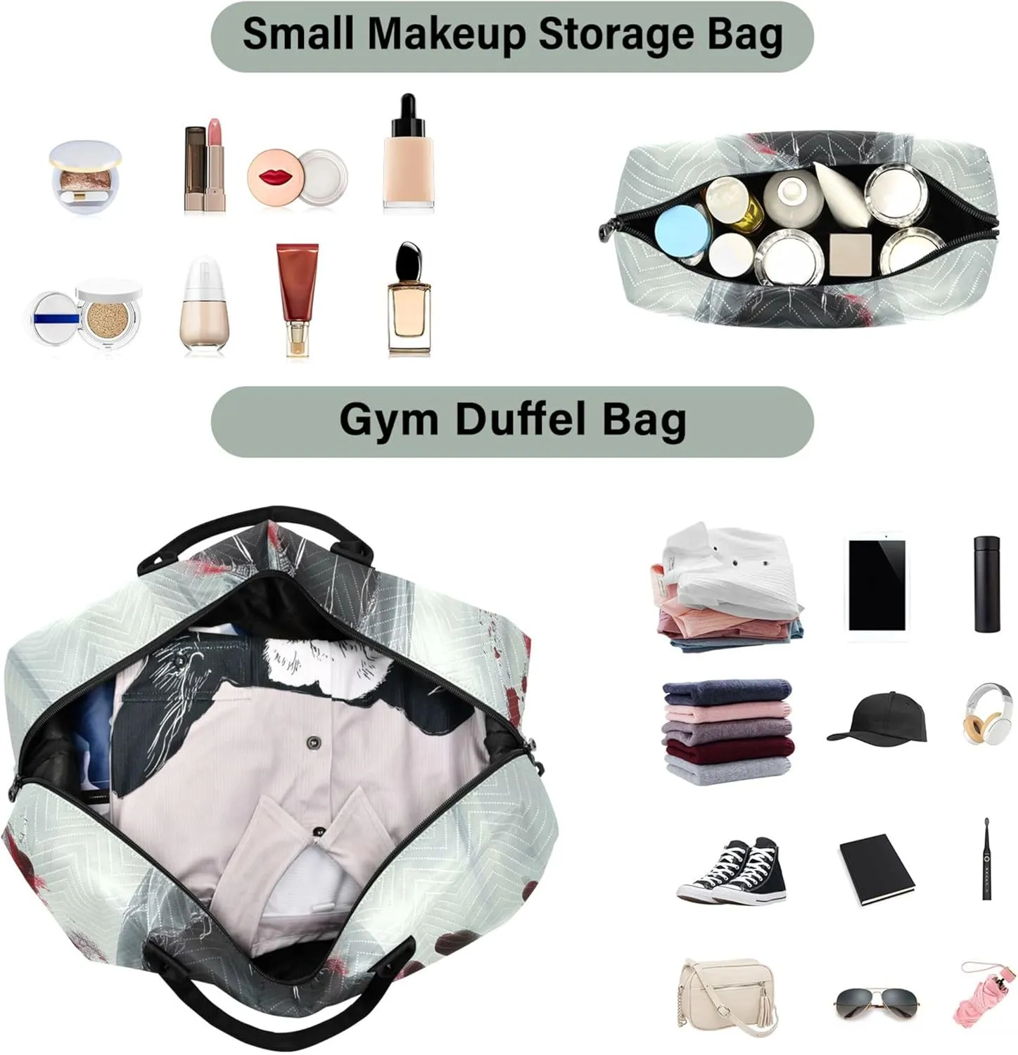 Ghostly Hooded Skull Bloody Travel Duffel Bags Make up Bags Set of 2, Cute Women Small Gym Bag Traveling Bag