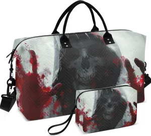Ghostly Hooded Skull Bloody Travel Duffel Bags Make up Bags Set of 2, Cute Women Small Gym Bag Traveling Bag