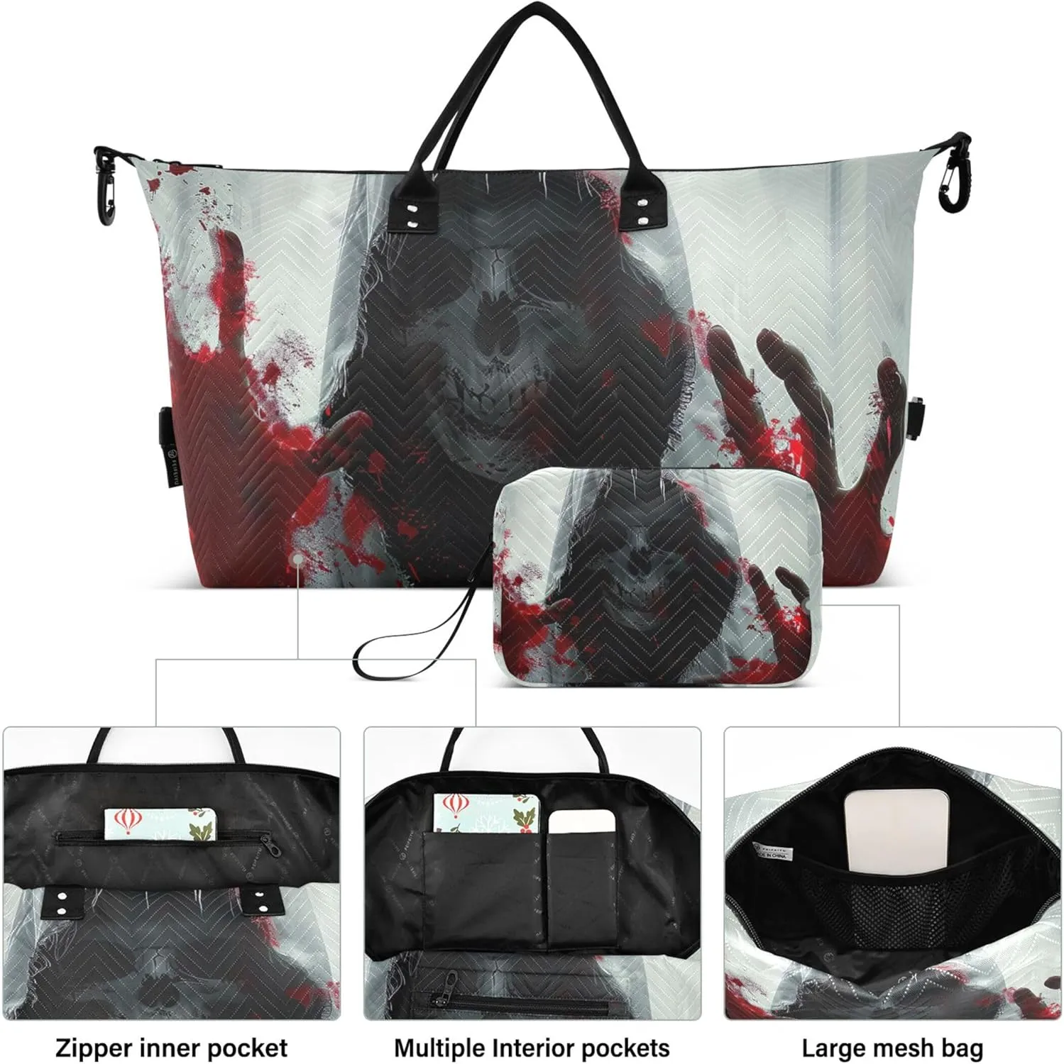 Ghostly Hooded Skull Bloody Travel Duffel Bags Make up Bags Set of 2, Cute Women Small Gym Bag Traveling Bag