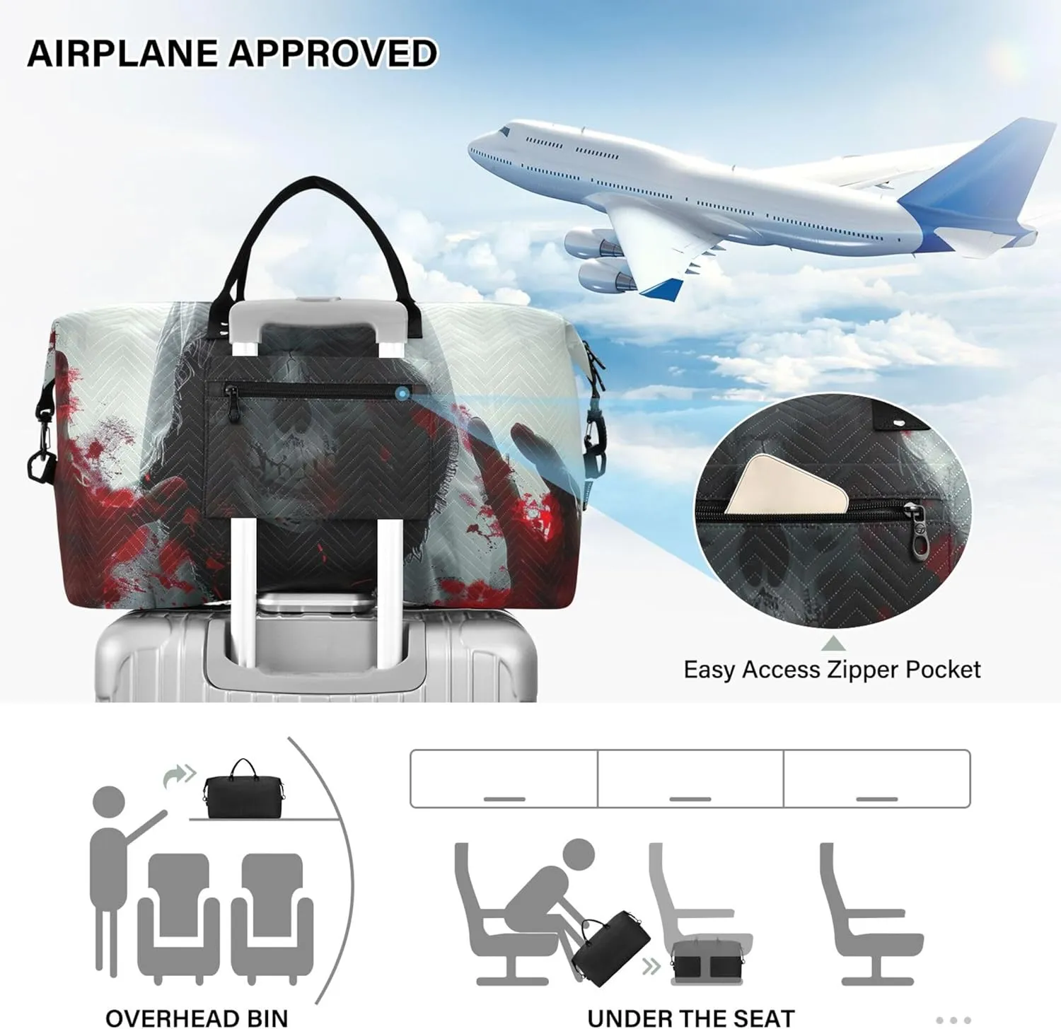 Ghostly Hooded Skull Bloody Travel Duffel Bags Make up Bags Set of 2, Cute Women Small Gym Bag Traveling Bag
