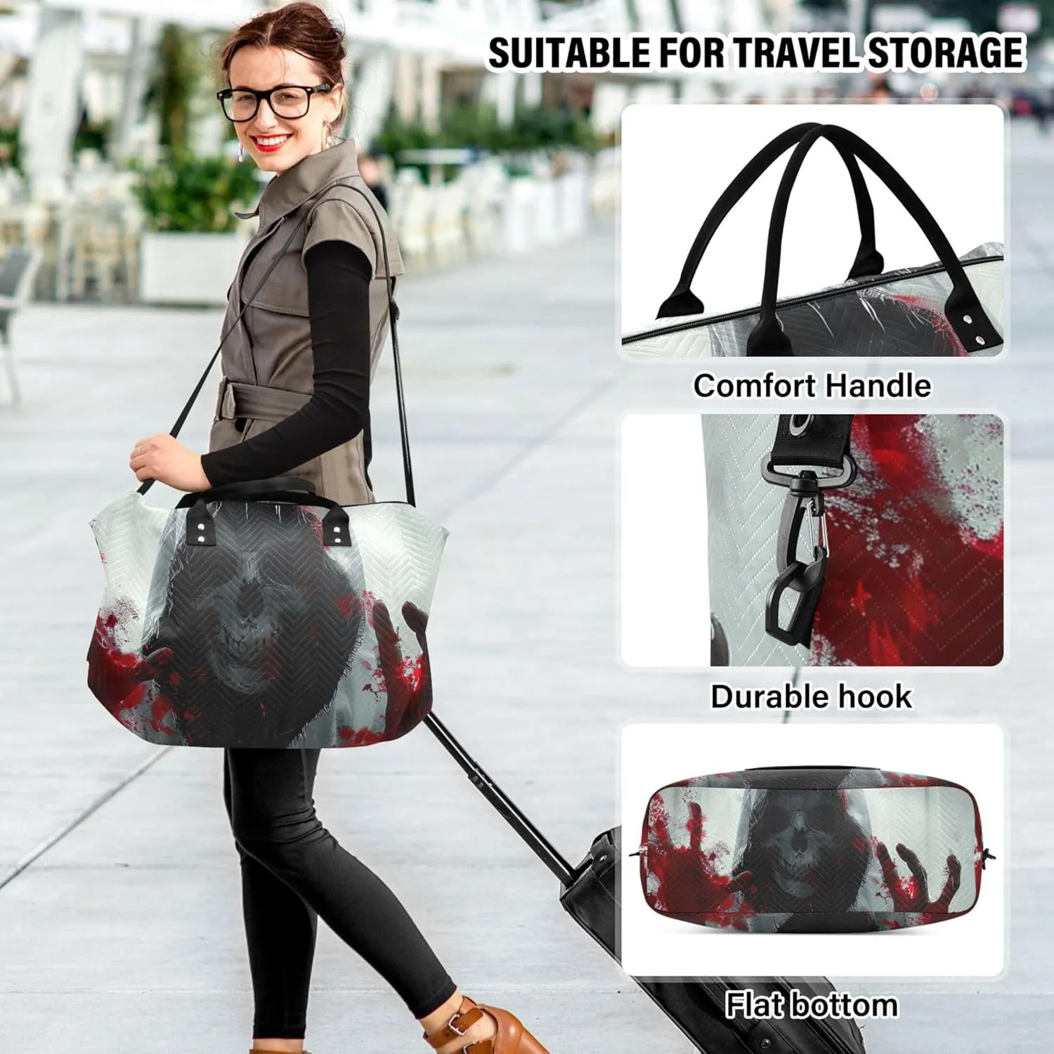 Ghostly Hooded Skull Bloody Travel Duffel Bags Make up Bags Set of 2, Cute Women Small Gym Bag Traveling Bag
