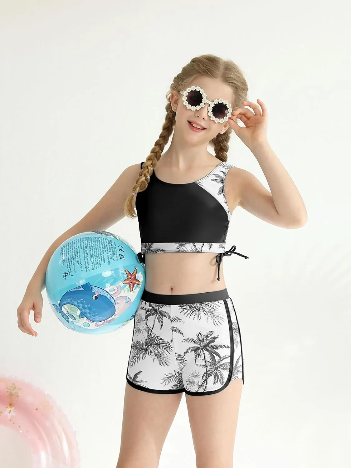 Girl's 3 Piece Bikini Bathing Suit Printed Sport Swimsuits with Shorts Cove Up Sets Teen Girl's Swimwear
