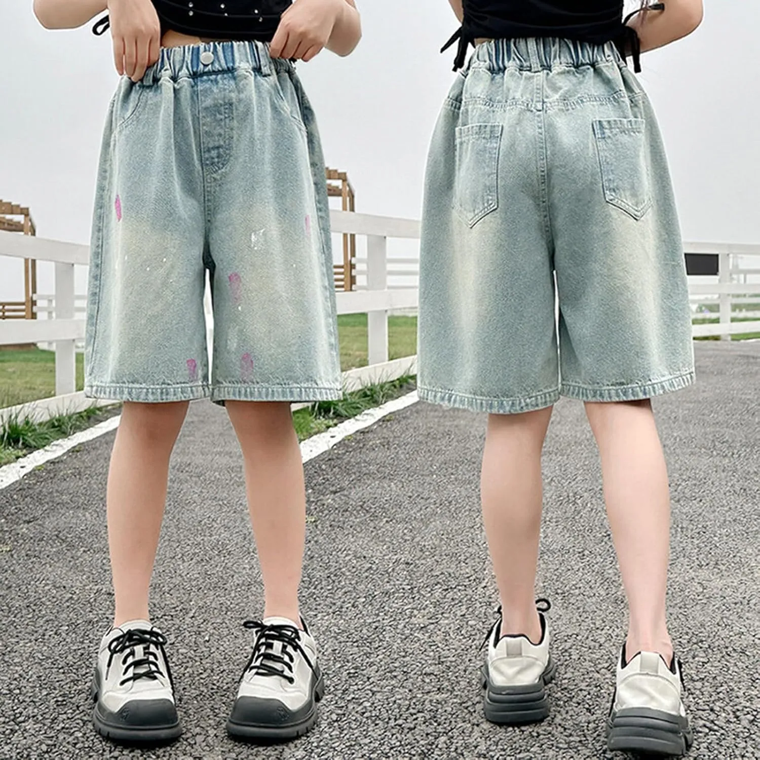 Girls Jeans Shorts Ripped Denim Tie-Dye Elastic Waist Bottom Trendy Summer Clothes for Kids Toddler Denim Shorts