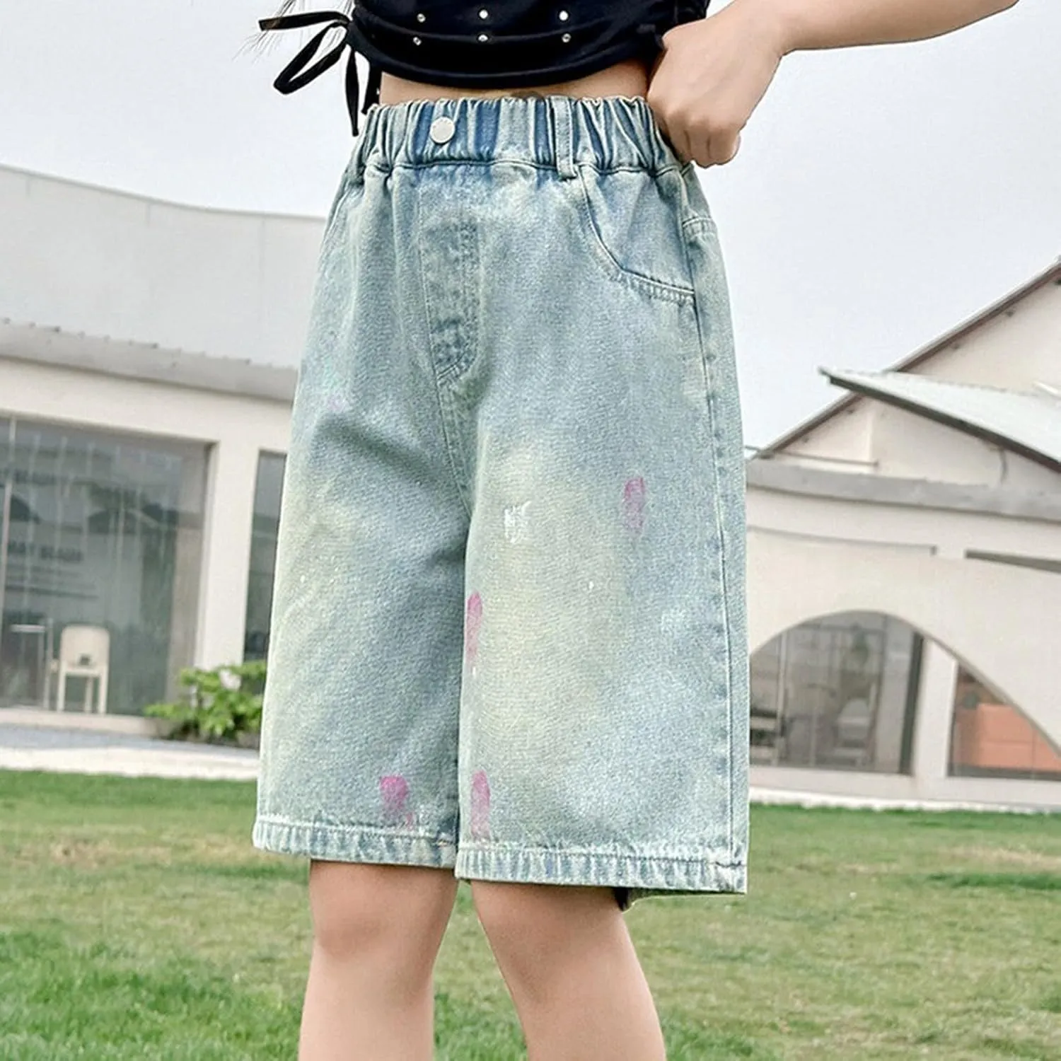 Girls Jeans Shorts Ripped Denim Tie-Dye Elastic Waist Bottom Trendy Summer Clothes for Kids Toddler Denim Shorts