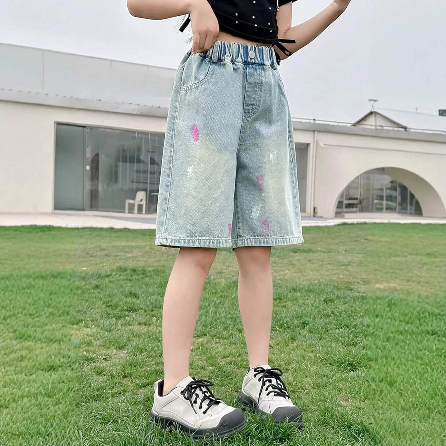 Girls Jeans Shorts Ripped Denim Tie-Dye Elastic Waist Bottom Trendy Summer Clothes for Kids Toddler Denim Shorts