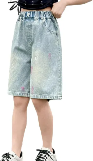 Girls Jeans Shorts Ripped Denim Tie-Dye Elastic Waist Bottom Trendy Summer Clothes for Kids Toddler Denim Shorts