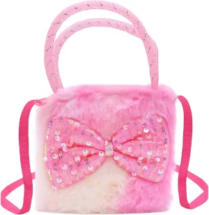 Girls Kids Fluffy Fuzzy Bowknot Crossbody Purse Cute Animal Rainbow Tie Dye Plush Shoulder Bag Coin Purse
