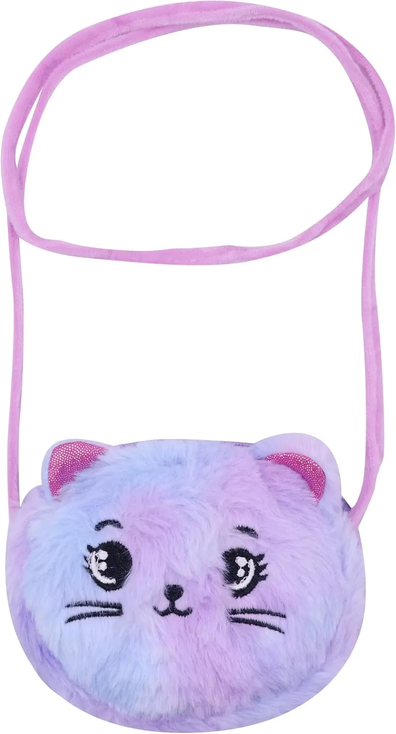 Girls Kids Fluffy Fuzzy Cat Crossbody Purse Cute Animal Rainbow Tie Dye Plush Shoulder Bag Coin Purse