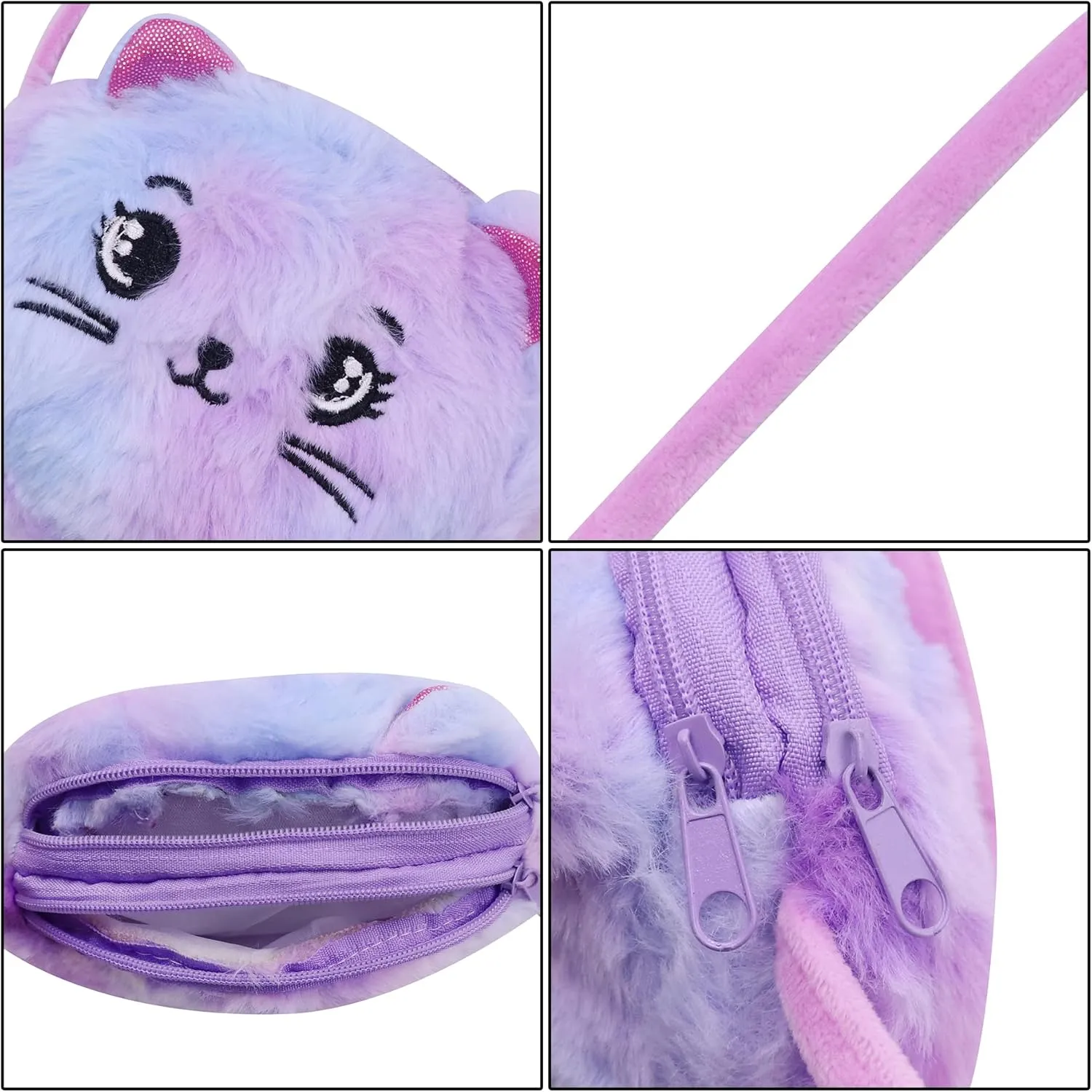 Girls Kids Fluffy Fuzzy Cat Crossbody Purse Cute Animal Rainbow Tie Dye Plush Shoulder Bag Coin Purse