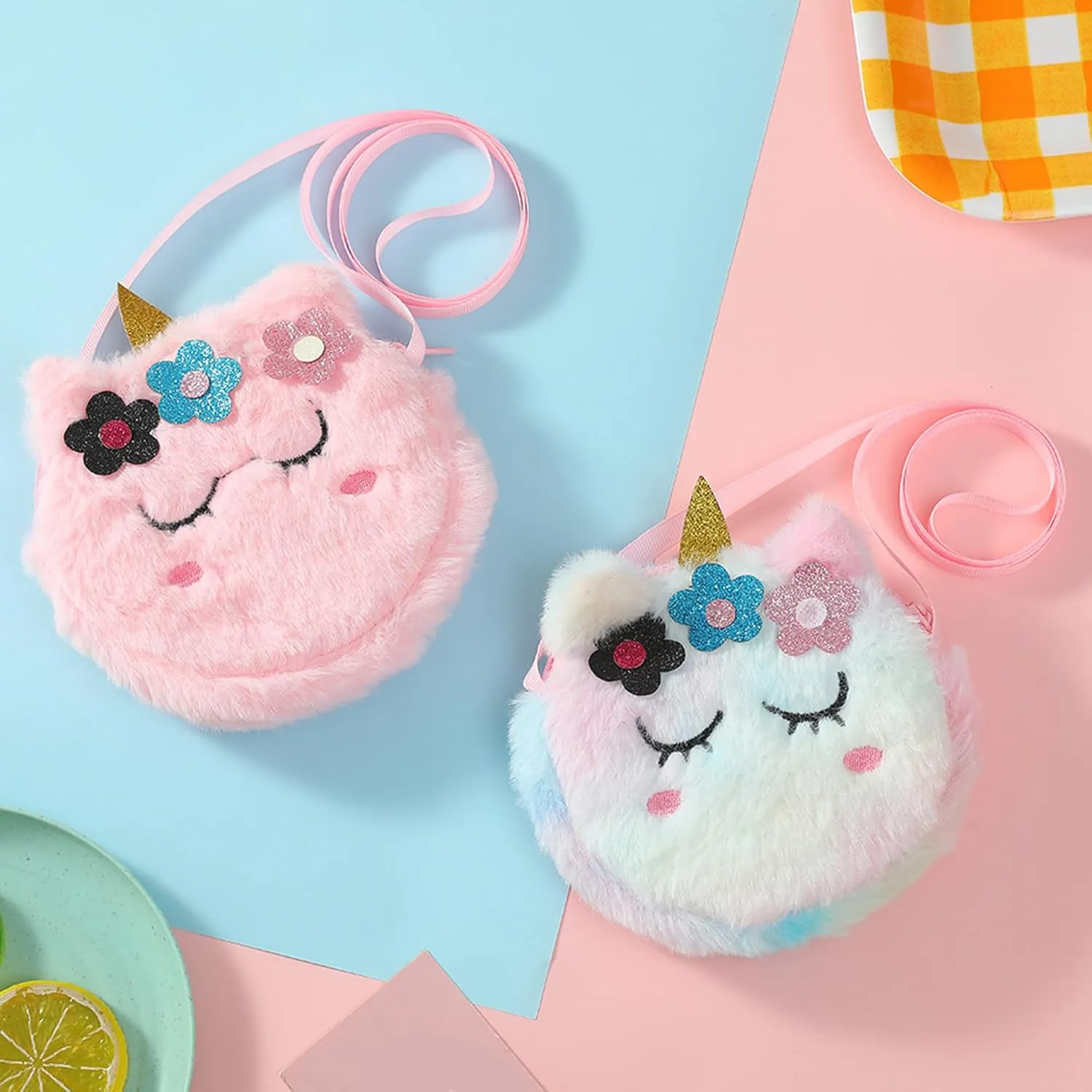 Girls Kids Fluffy Fuzzy Unicorn Crossbody Purse Cute Animal Rainbow Tie Dye Plush Shoulder Bag Coin Purse
