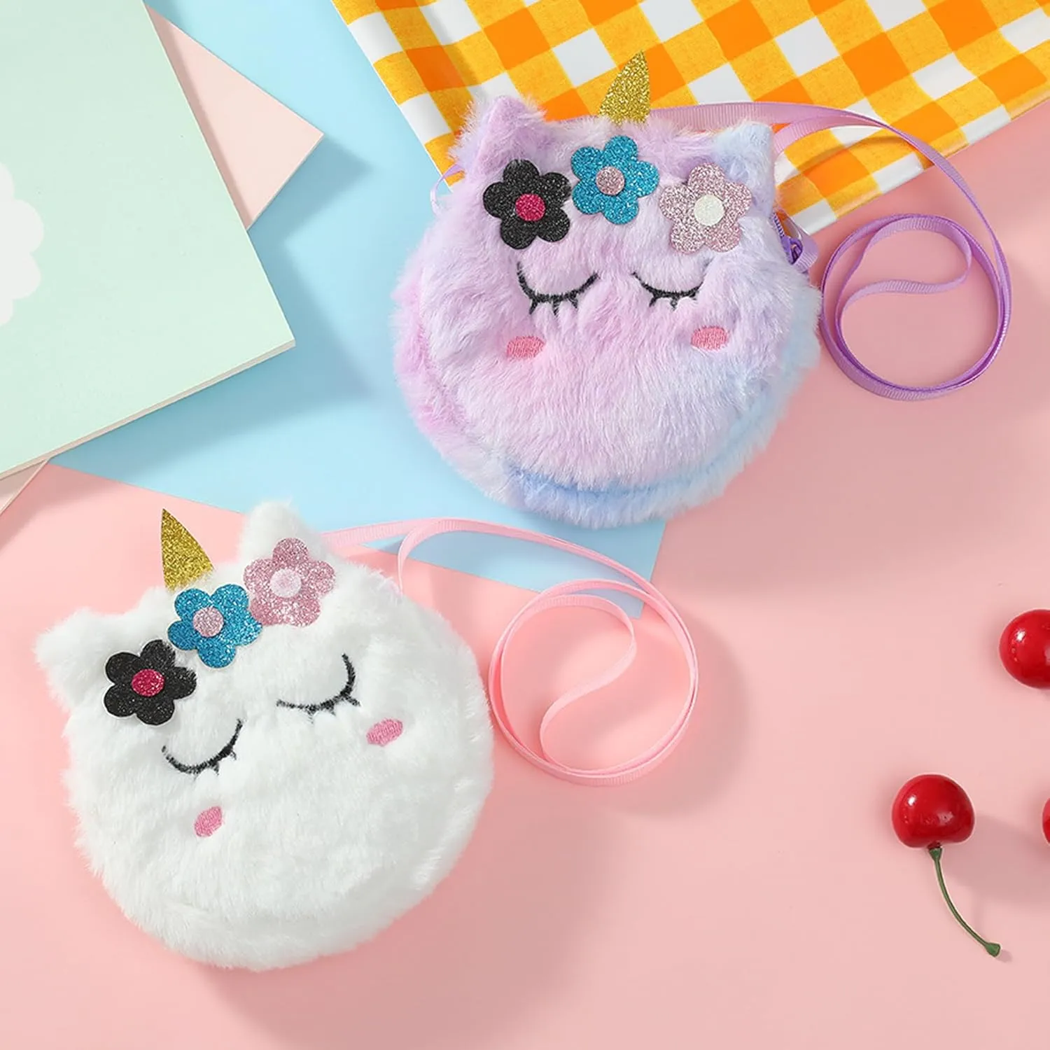Girls Kids Fluffy Fuzzy Unicorn Crossbody Purse Cute Animal Rainbow Tie Dye Plush Shoulder Bag Coin Purse