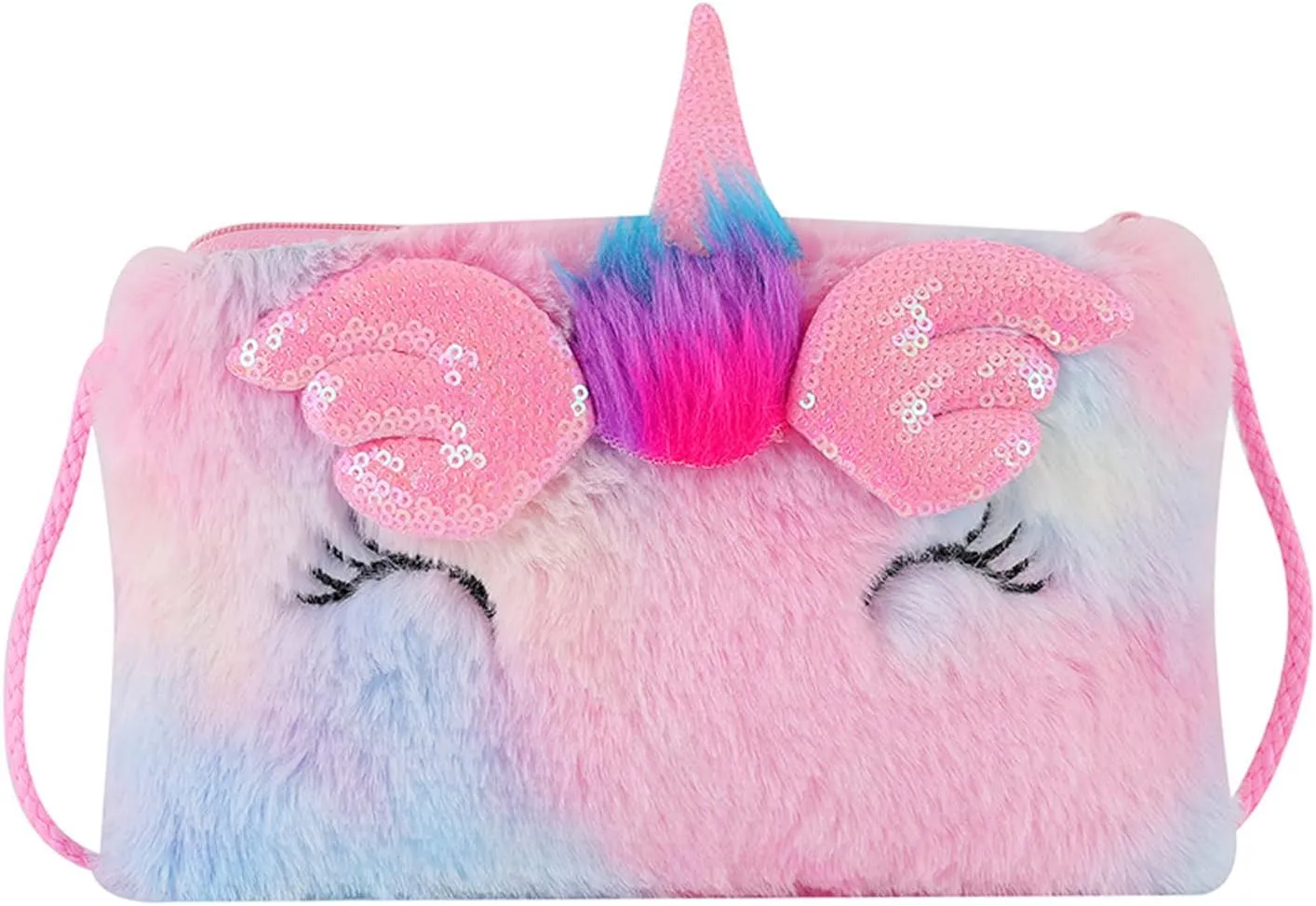 Girls Kids Fluffy Fuzzy Unicorn Crossbody Purse Cute Animal Rainbow Tie Dye Plush Shoulder Bag Coin Purse