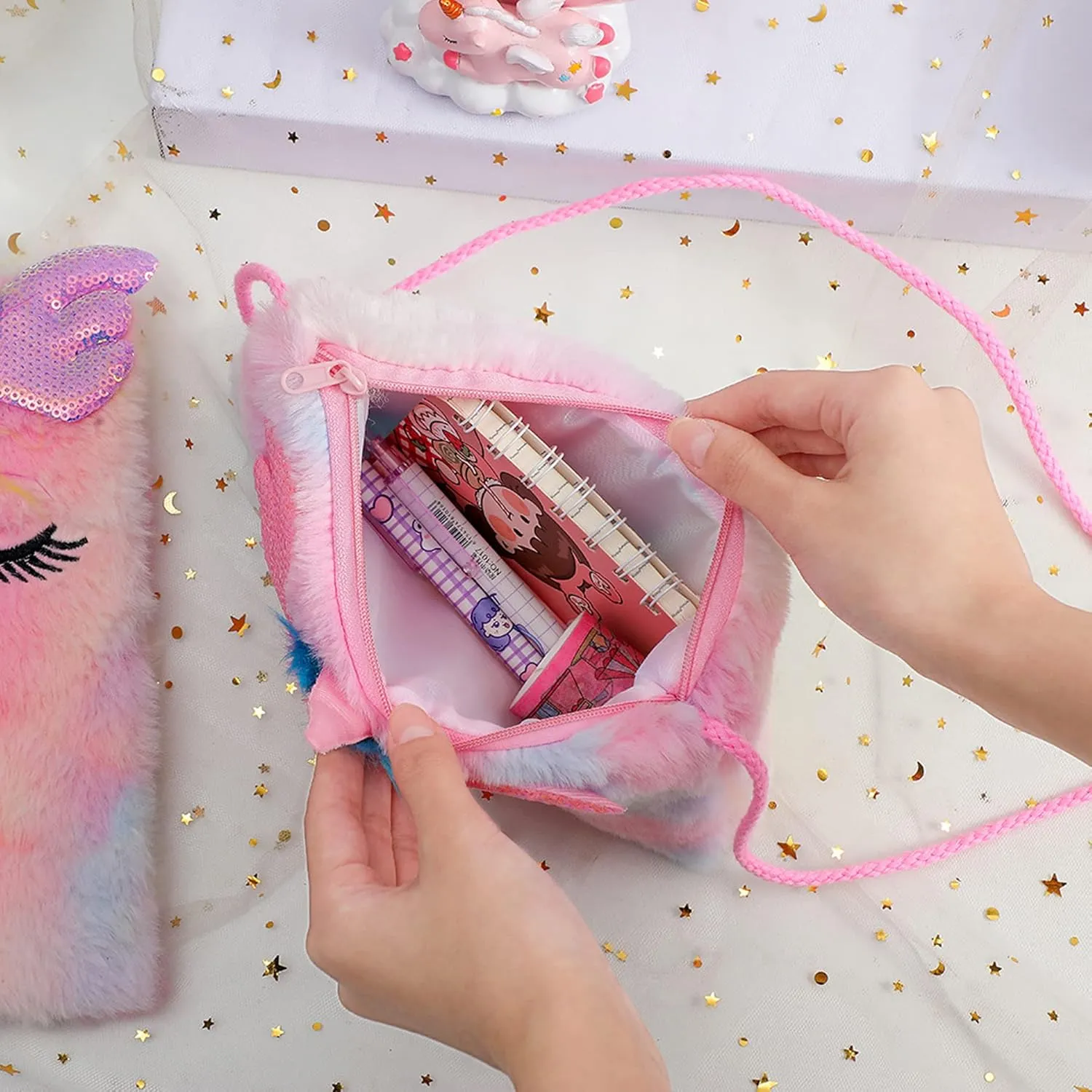 Girls Kids Fluffy Fuzzy Unicorn Crossbody Purse Cute Animal Rainbow Tie Dye Plush Shoulder Bag Coin Purse