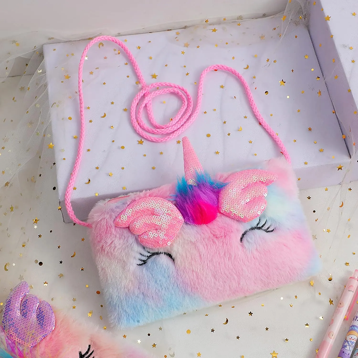Girls Kids Fluffy Fuzzy Unicorn Crossbody Purse Cute Animal Rainbow Tie Dye Plush Shoulder Bag Coin Purse