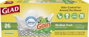 Glad Trash Bags, Medium Quick-Tie Garbage Bags - OdorShield 8 Gallon White Trash Bag, Gain Original with Febreze Freshness, 26 Count (Pack of 6)
