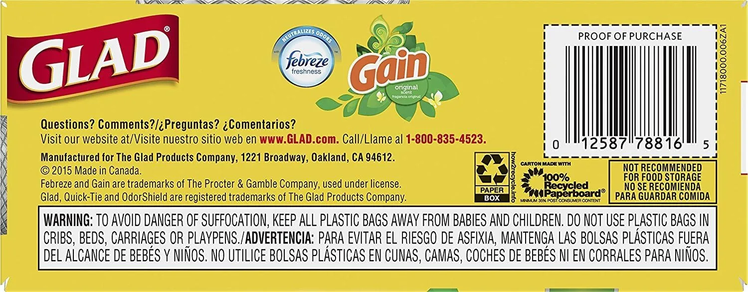 Glad Trash Bags, Medium Quick-Tie Garbage Bags - OdorShield 8 Gallon White Trash Bag, Gain Original with Febreze Freshness, 26 Count (Pack of 6)