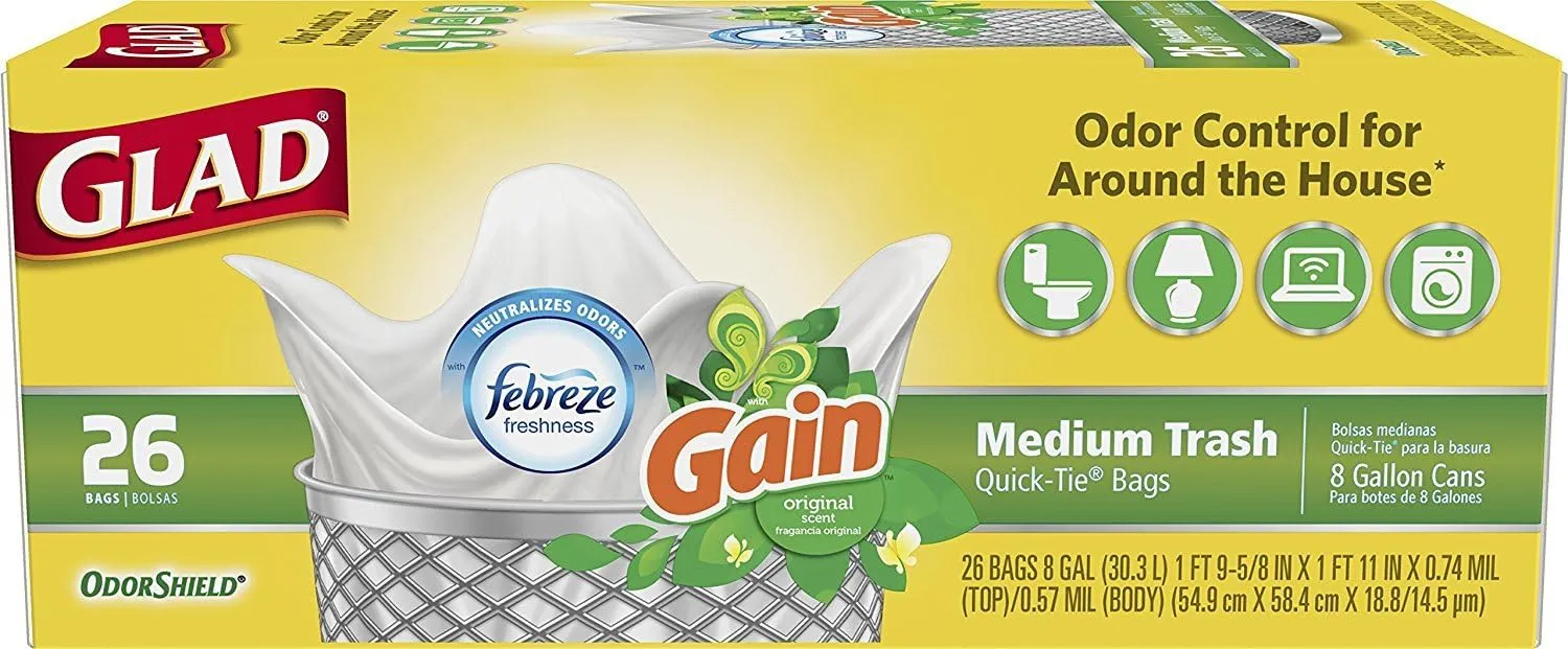Glad Trash Bags, Medium Quick-Tie Garbage Bags - OdorShield 8 Gallon White Trash Bag, Gain Original with Febreze Freshness, 26 Count (Pack of 6)