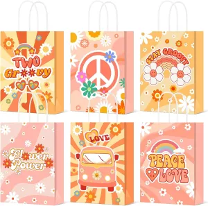Glenmal 24 Pcs Groovy Retro Hippie Paper Gift Bags Groovy Party Favor Daisy Flower Treat Bag with Handles for Girls Birthday Baby Shower Wedding Supplies