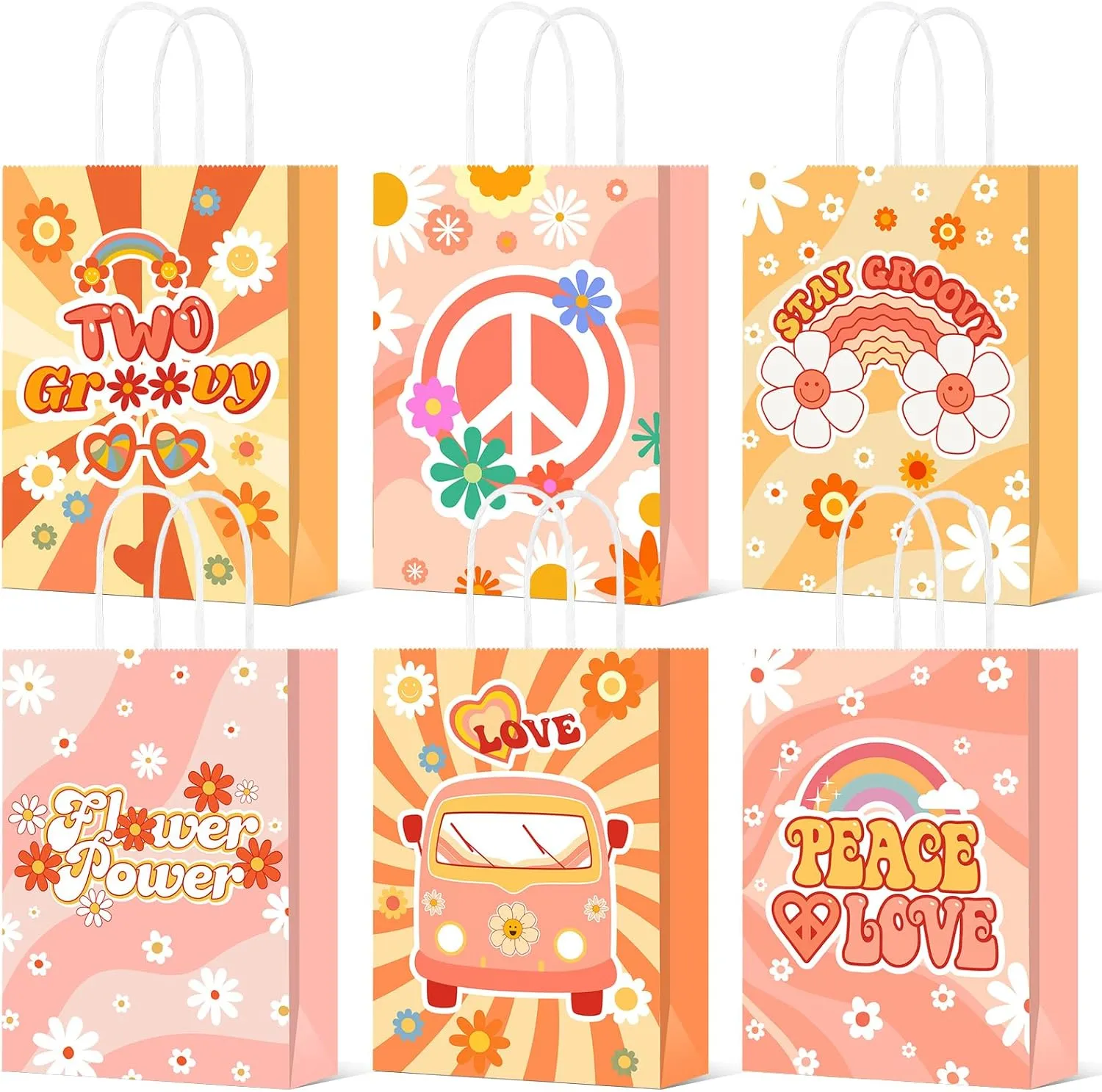 Glenmal 24 Pcs Groovy Retro Hippie Paper Gift Bags Groovy Party Favor Daisy Flower Treat Bag with Handles for Girls Birthday Baby Shower Wedding Supplies