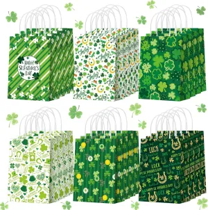 Glenmal 24 Pcs St. Patrick's Day Paper Gift Bags Bulk with Handle Shamrock Irish Goodie Clover Treat Lucky Candy Bags for Happy St. Patrick's Party Favor Supplies Wedding Birthday