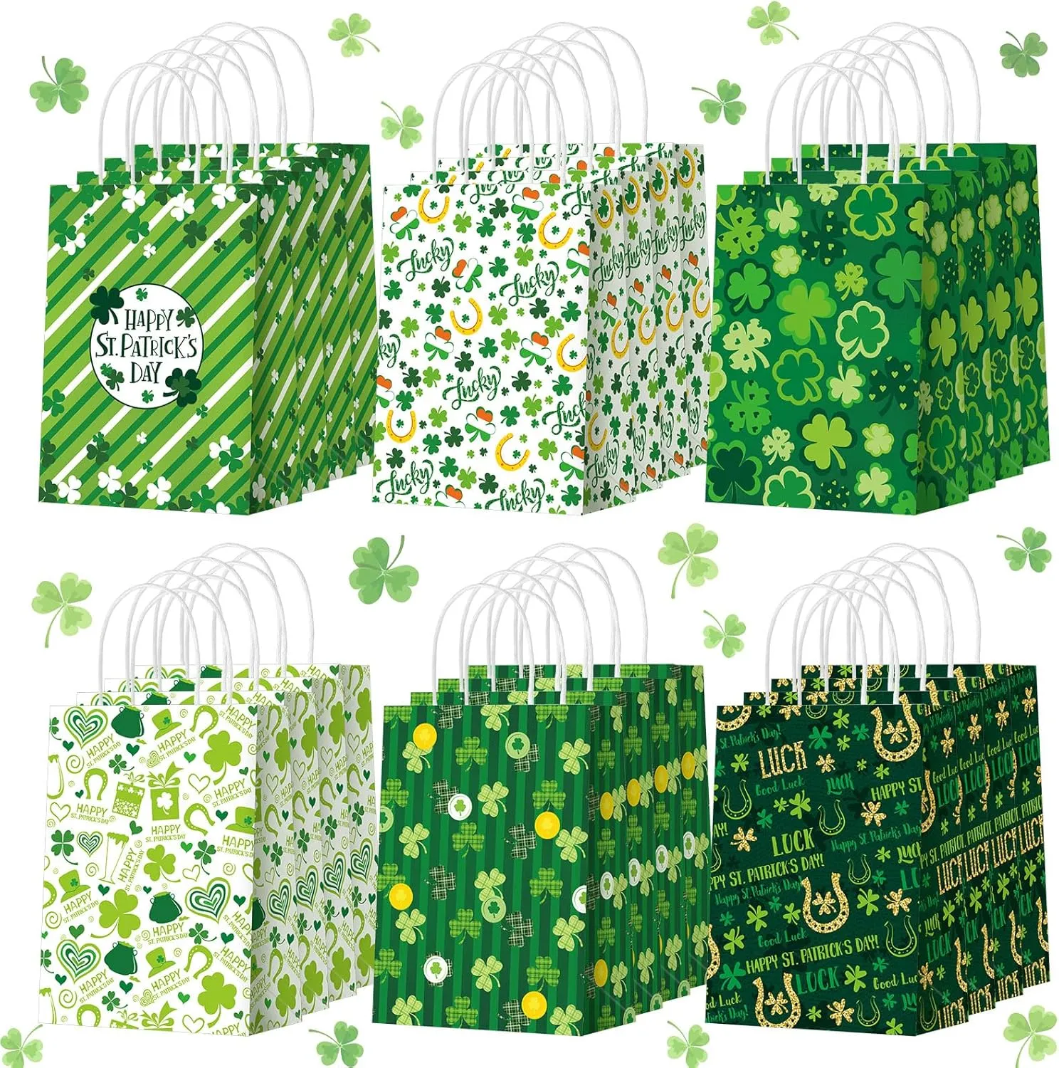 Glenmal 24 Pcs St. Patrick's Day Paper Gift Bags Bulk with Handle Shamrock Irish Goodie Clover Treat Lucky Candy Bags for Happy St. Patrick's Party Favor Supplies Wedding Birthday